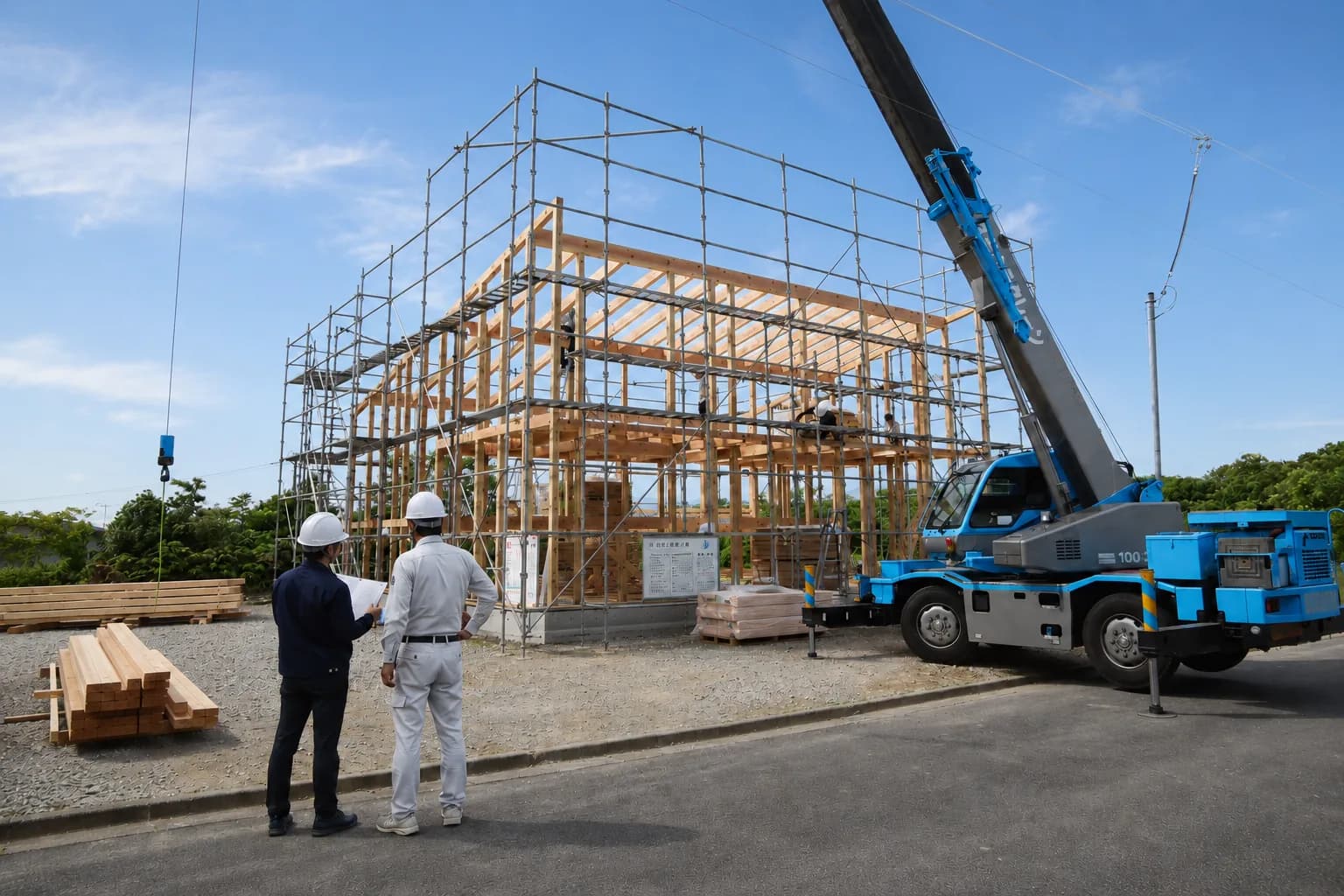 建築家と職人が施工現場で納まりを確認する様子