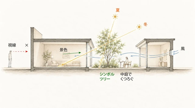 中庭による採光・通風・視線の制御と、庭のある暮らしを示す断面図