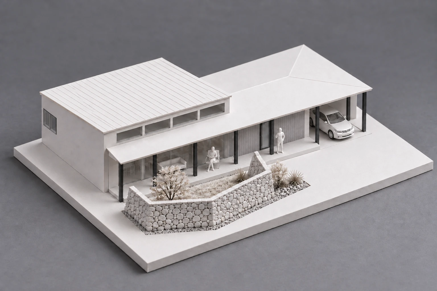 庭と縁側のつながりを検討する平屋の建築模型