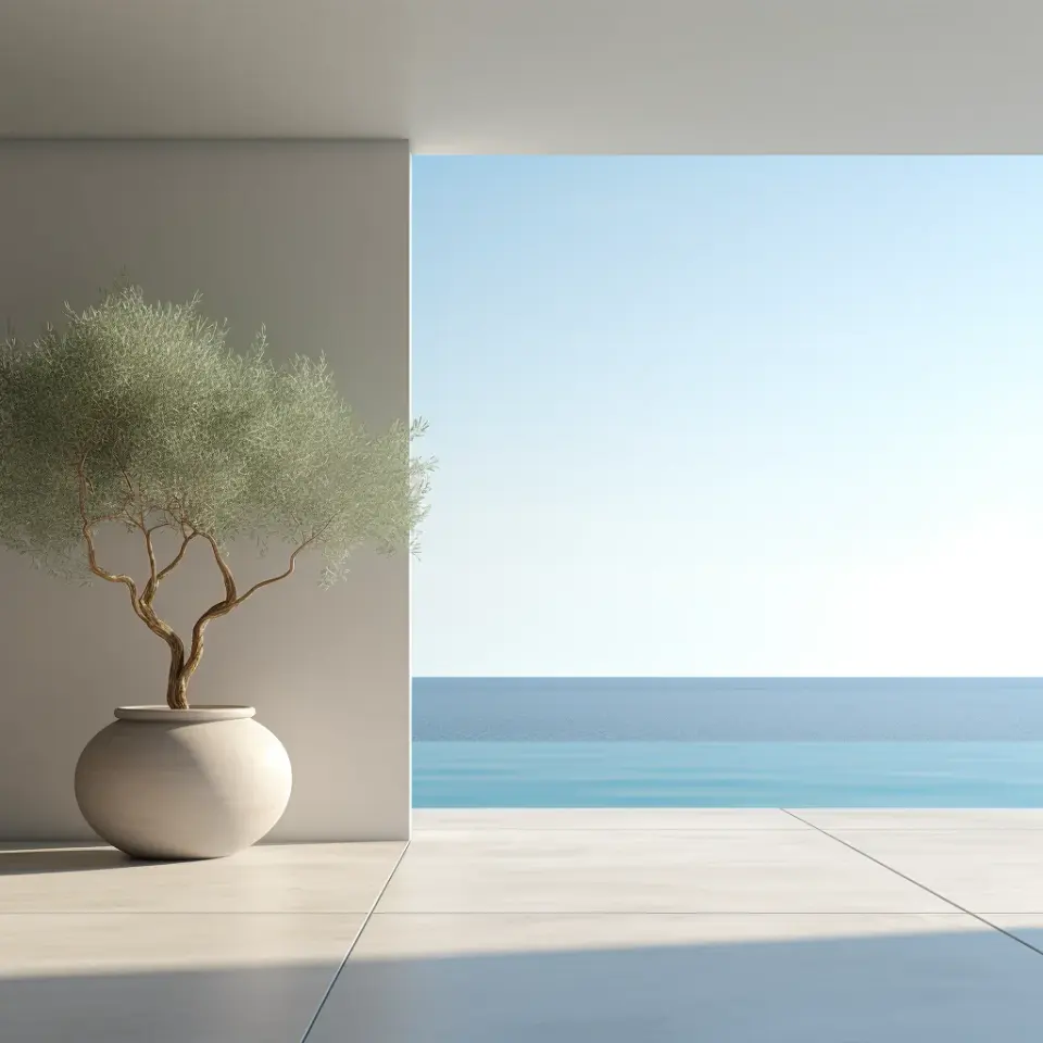VILLA AWAJISHIMA。鉢植えのある軒下から、プールとその先に広がる海を望む。