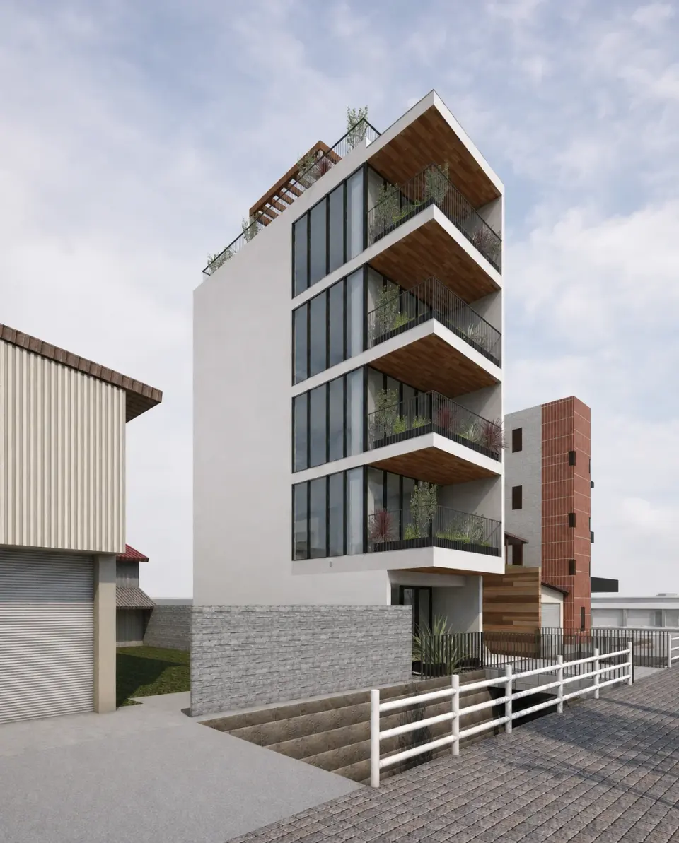IBARAKI GREEN BLDGの外観の完成予想CG。白い外壁と大きな窓、植栽を配したバルコニーを斜めから見る