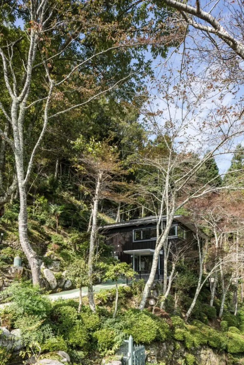 亀岡のVILLA／保養所。高い木々と斜面の植栽に囲まれた建物の外観