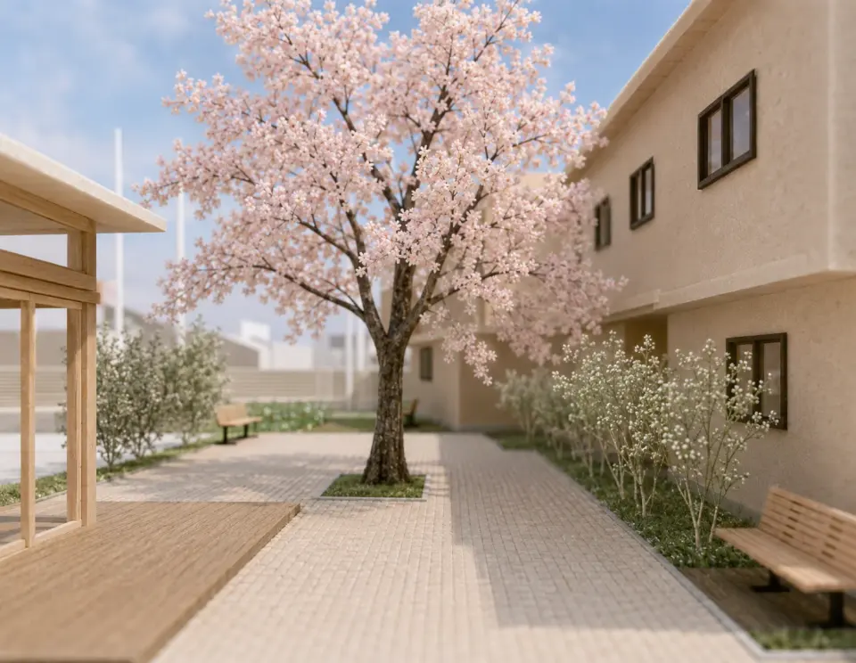 名古屋の児童養護施設の建築模型。桜を中心に、木のデッキとベンチ、植栽を配置した中庭。