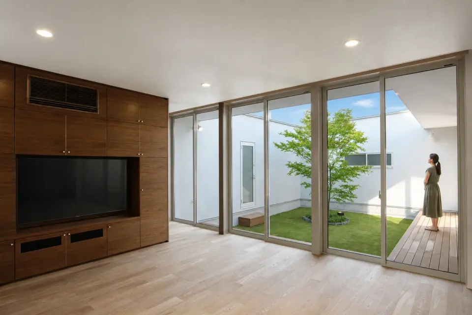 豊岡のコートハウス。木製のテレビ収納があるリビングから、芝生の中庭とデッキで過ごす様子を望む